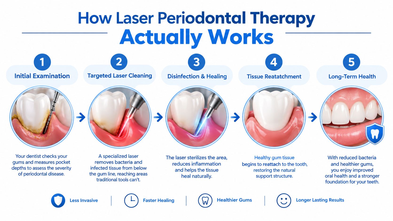 A five-step infographic showing the process of laser periodontal therapy for healthier gums and teeth.