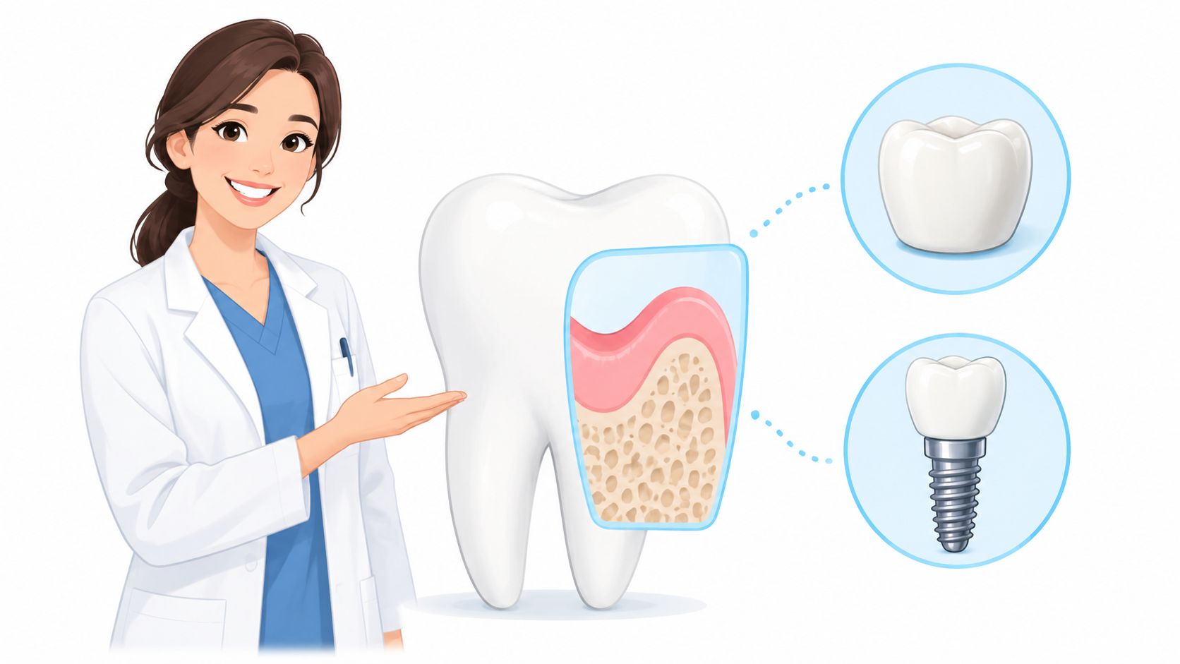 A friendly female dentist explaining dental implant procedures with a diagram showing tooth and jawbone structure.