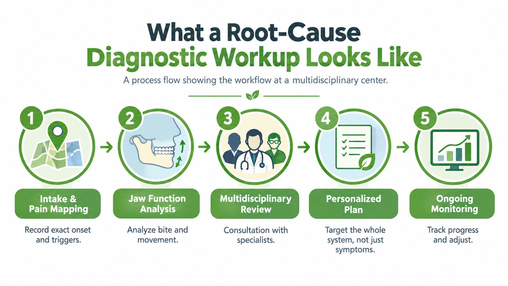 A five-step diagnostic process flow diagram for identifying root causes of pain at a multidisciplinary center.