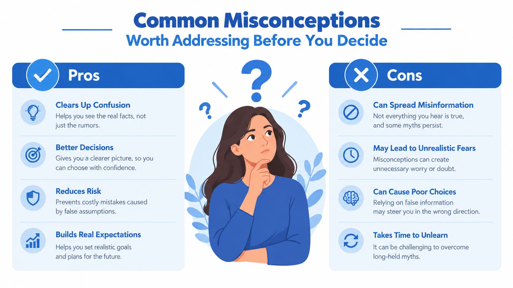 An infographic titled Common Misconceptions listing pros and cons for addressing false beliefs before making decisions.