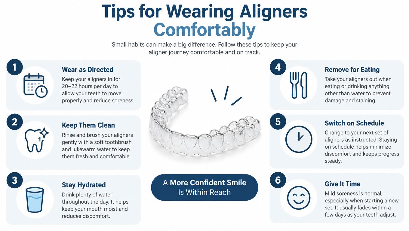 A graphic providing six essential tips for comfortably wearing dental aligners to ensure effective teeth treatment.