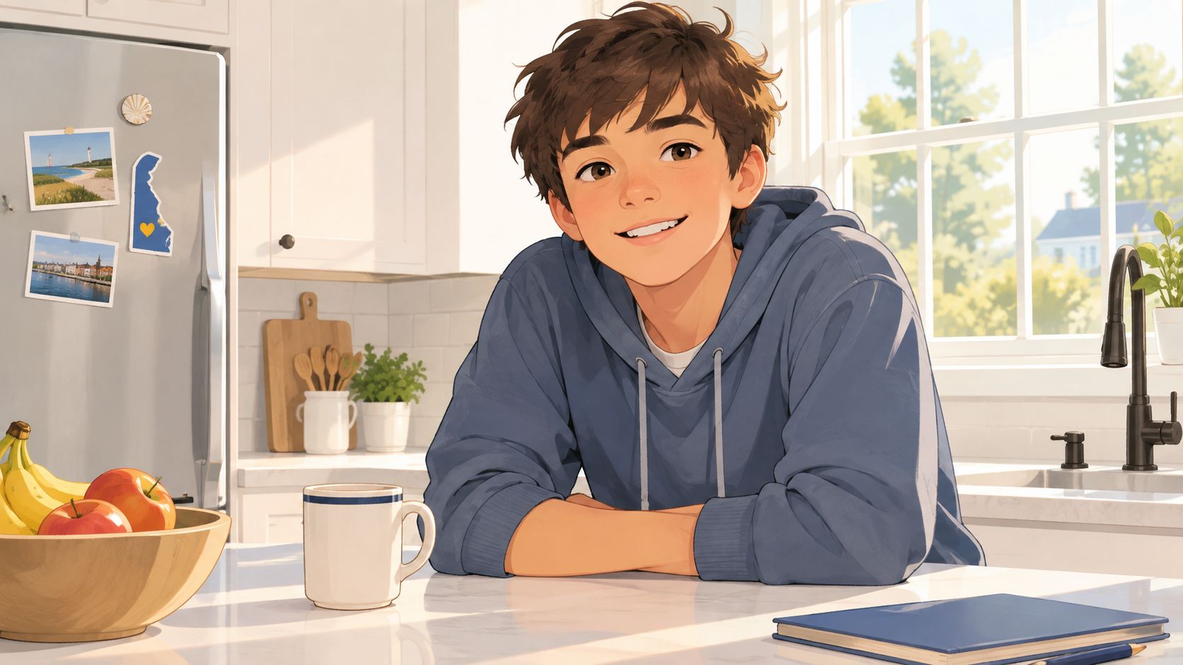 A cheerful young man with brown hair smiling at the camera in a sunlit modern kitchen setting.