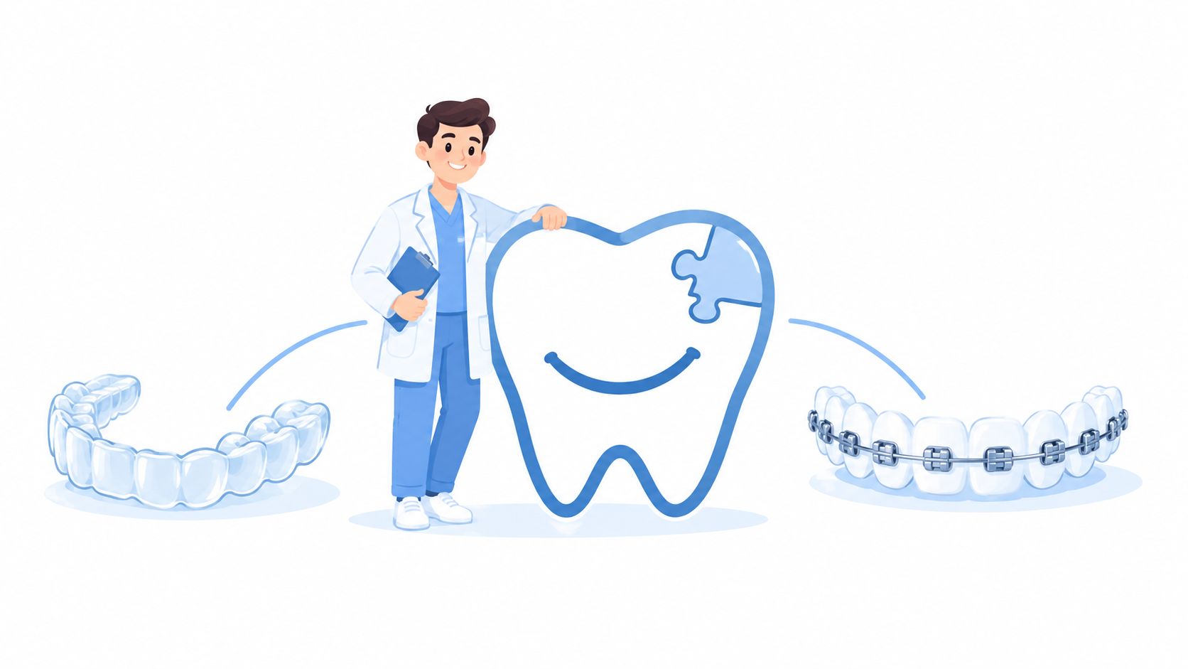 A male dentist standing next to a large tooth illustration, flanked by clear aligners and traditional metal braces.