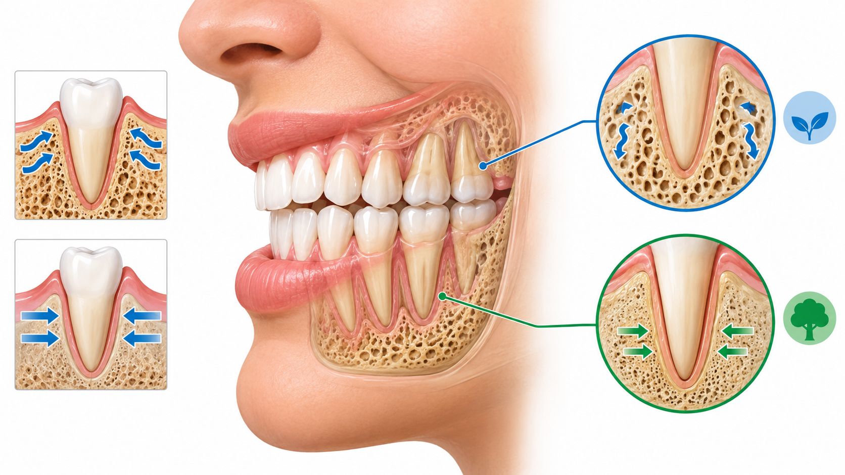 A dental cross-section illustration showing orthodontic tooth movement processes in young and older jaw bone structures.