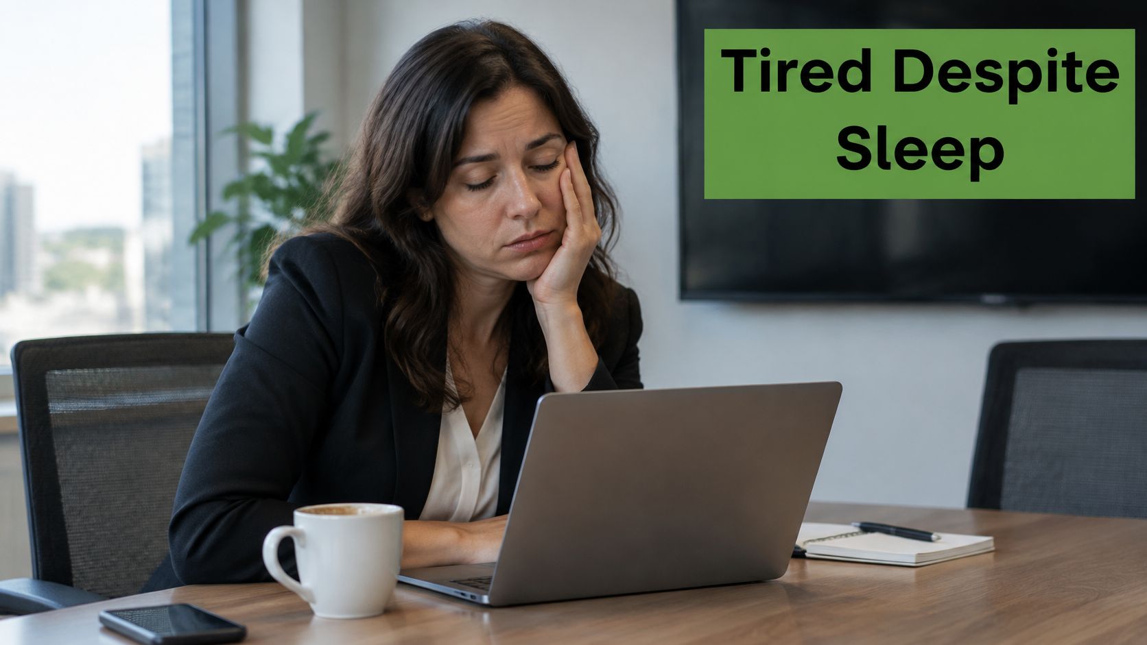 A tired professional woman sitting at her office desk with a laptop, looking exhausted despite sleeping.