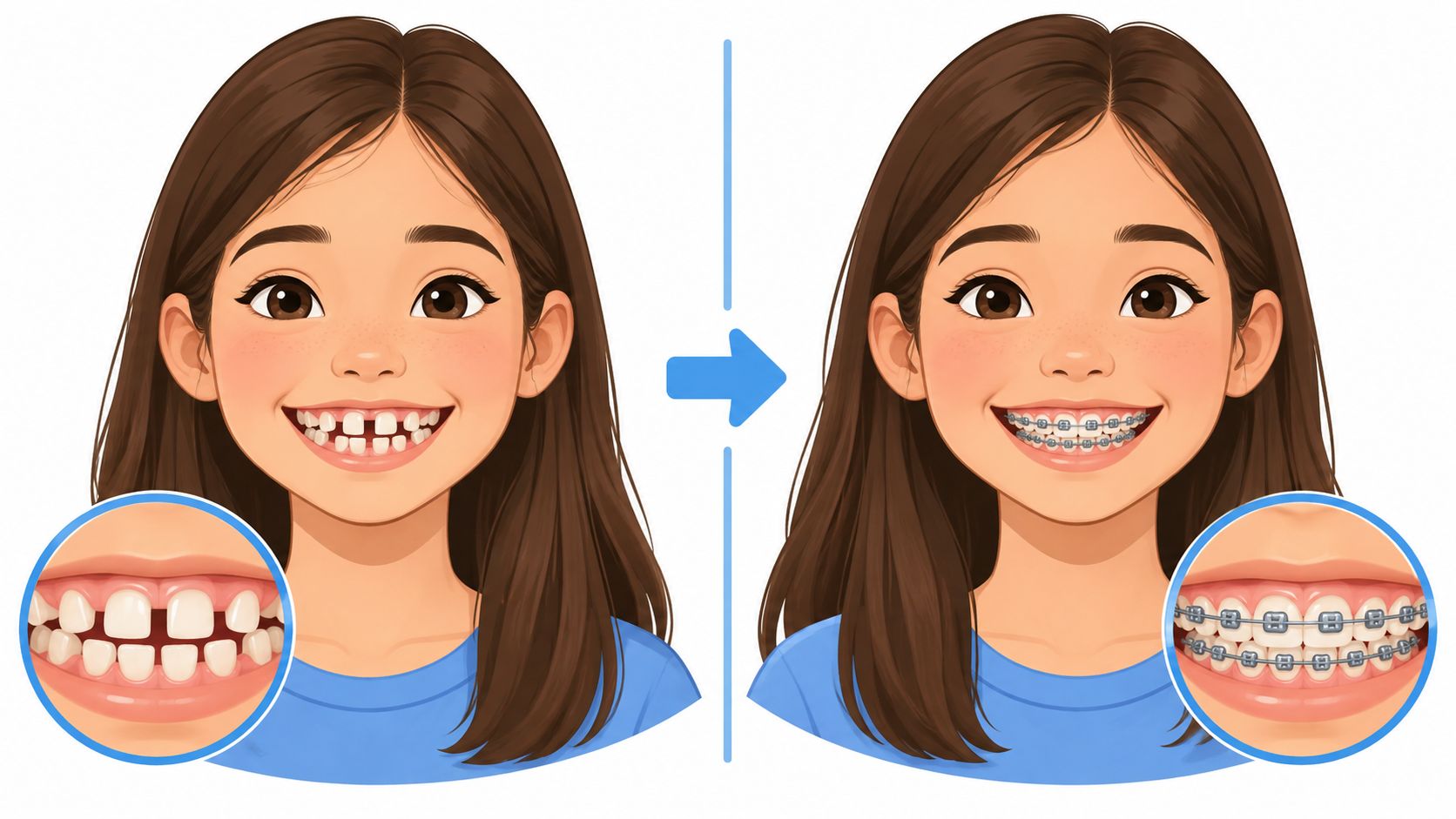 A girl with crooked teeth showing the transformation before and after wearing traditional metal braces