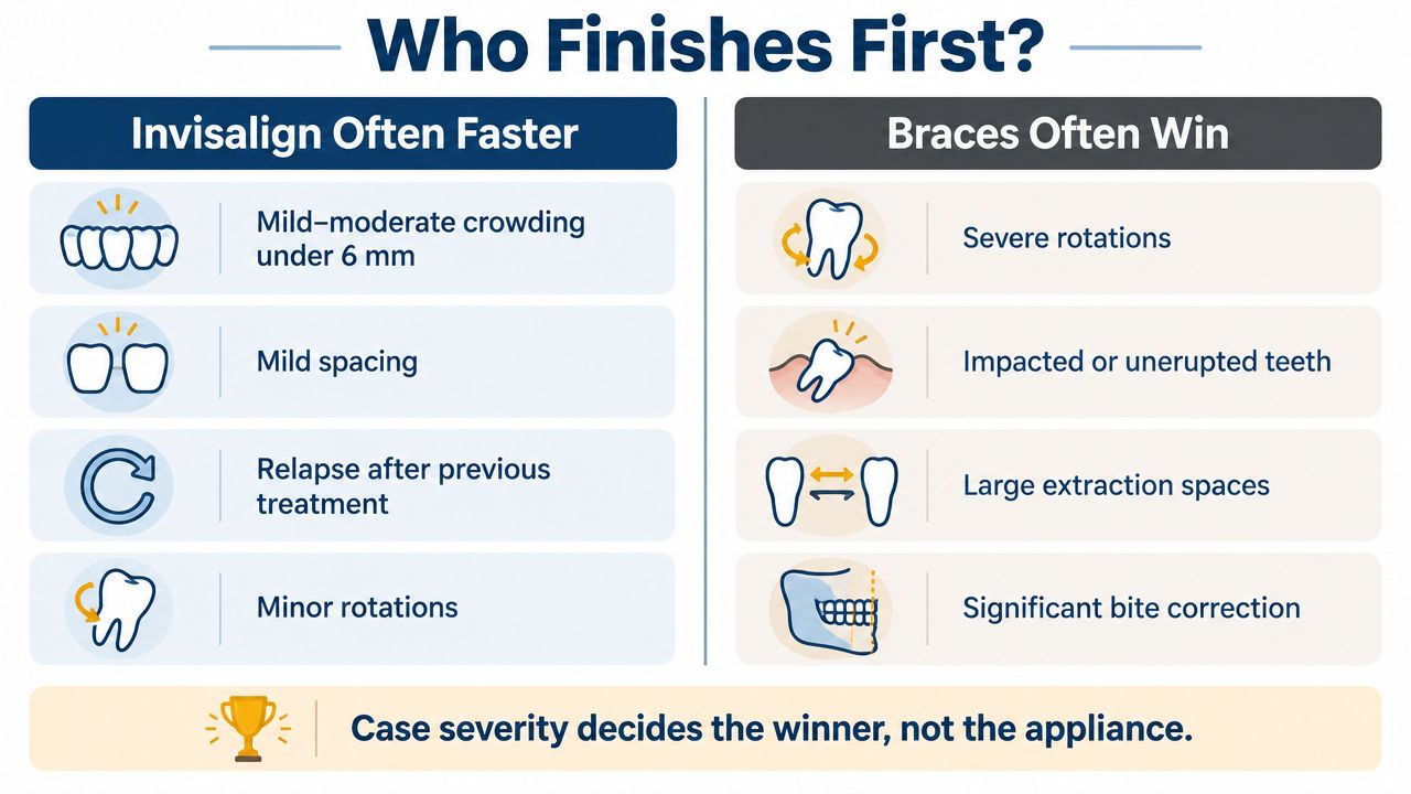 A comparison chart showing dental cases where either Invisalign or traditional braces are typically faster to treat.