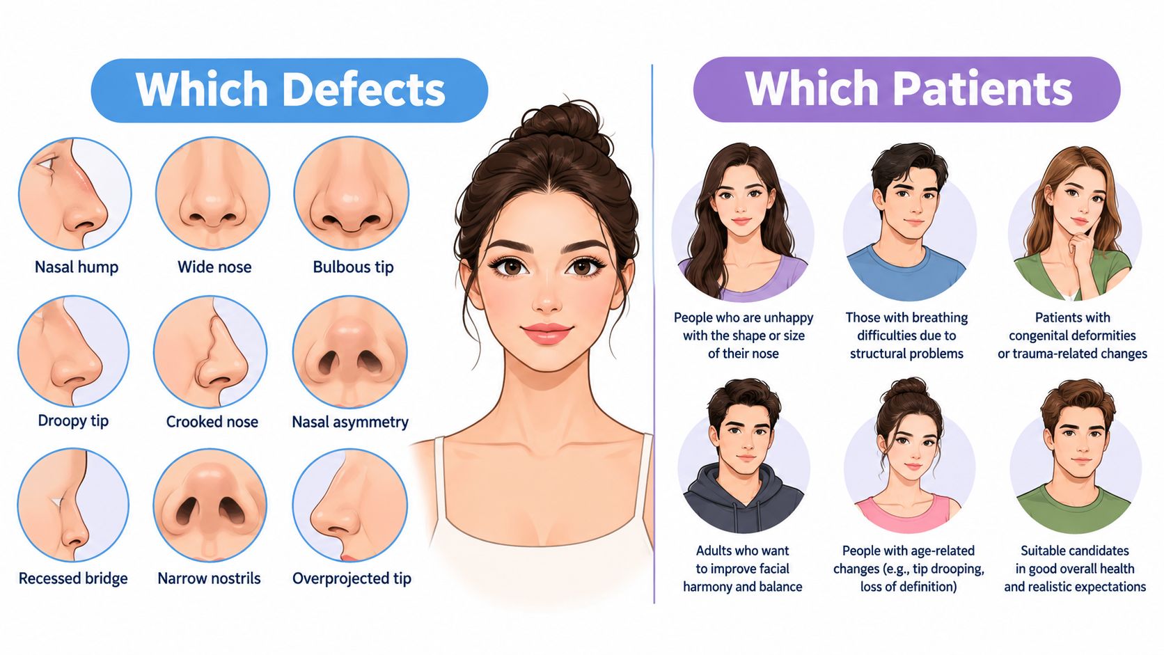 A visual guide illustrating common nasal defects and identifying suitable candidates for rhinoplasty surgery.
