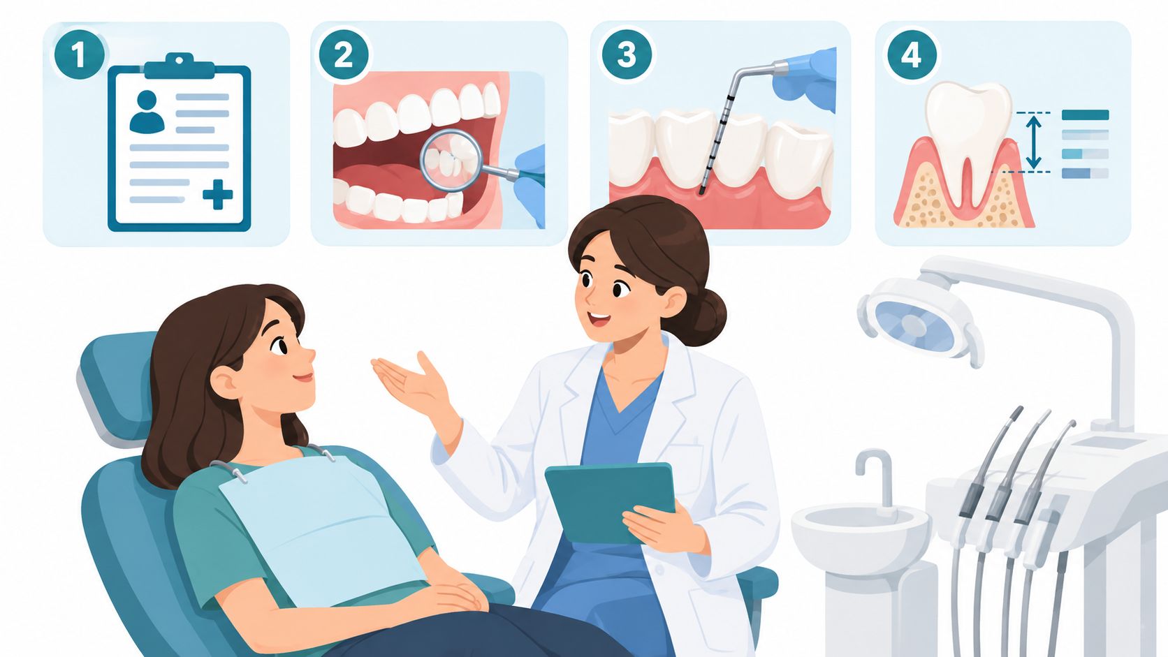 A dentist talking to a female patient while illustrating the process of examining and measuring receding gums.