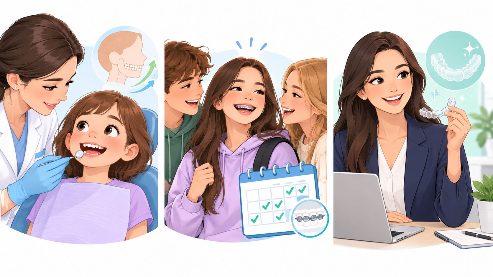 A three-panel illustration showing the journey from a dentist visit for an overbite to braces and clear aligners.