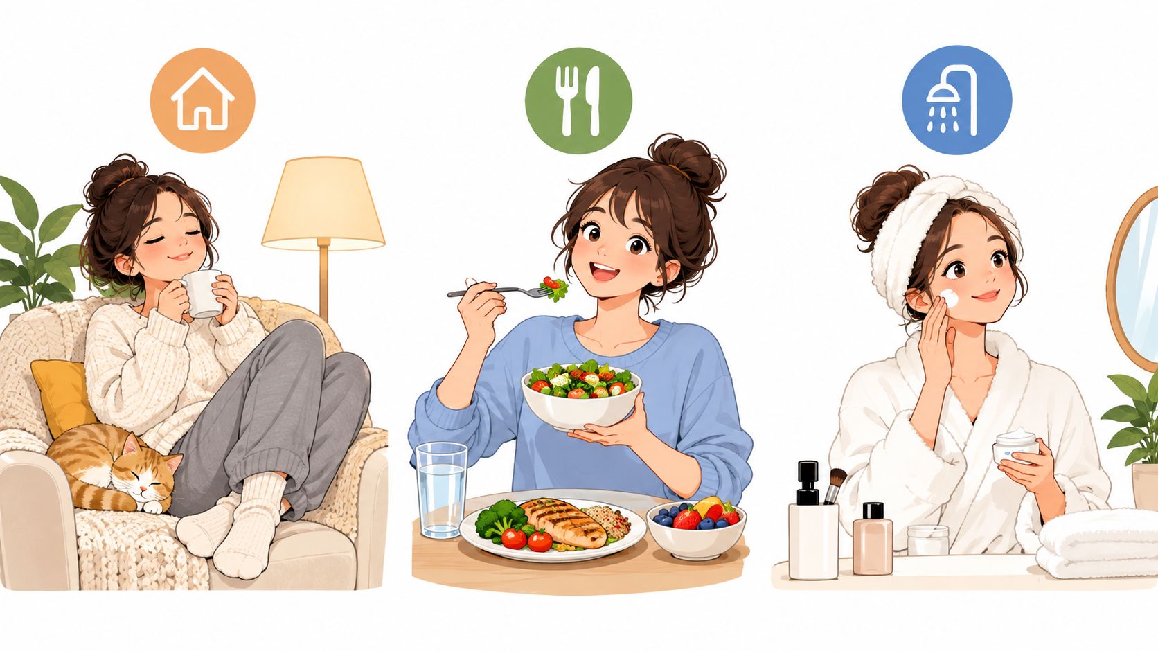An illustration showing a young woman relaxing at home, eating a healthy meal, and performing a skincare routine.