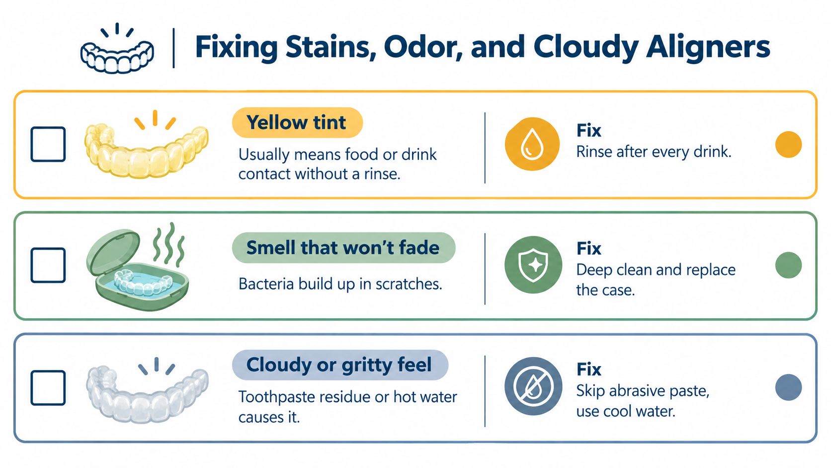 An infographic showing common Invisalign issues like yellow tint, odors, and cloudy aligners with solutions for each.