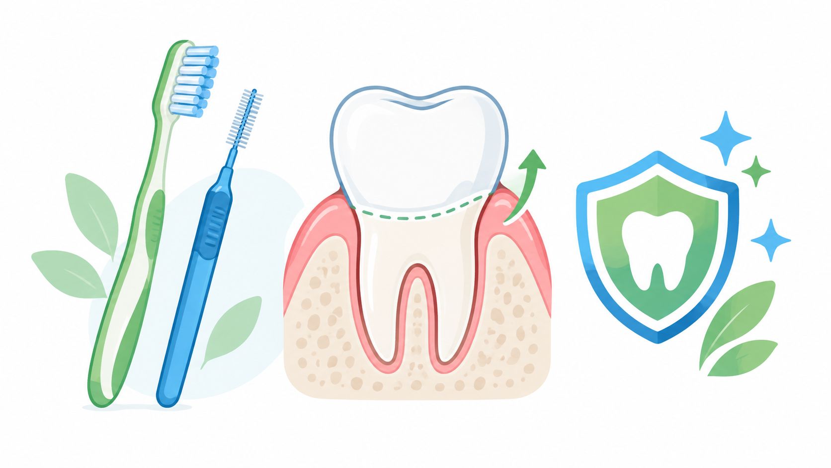 A toothbrush, interdental brush, a diagram of a tooth, and a dental protection shield icon.