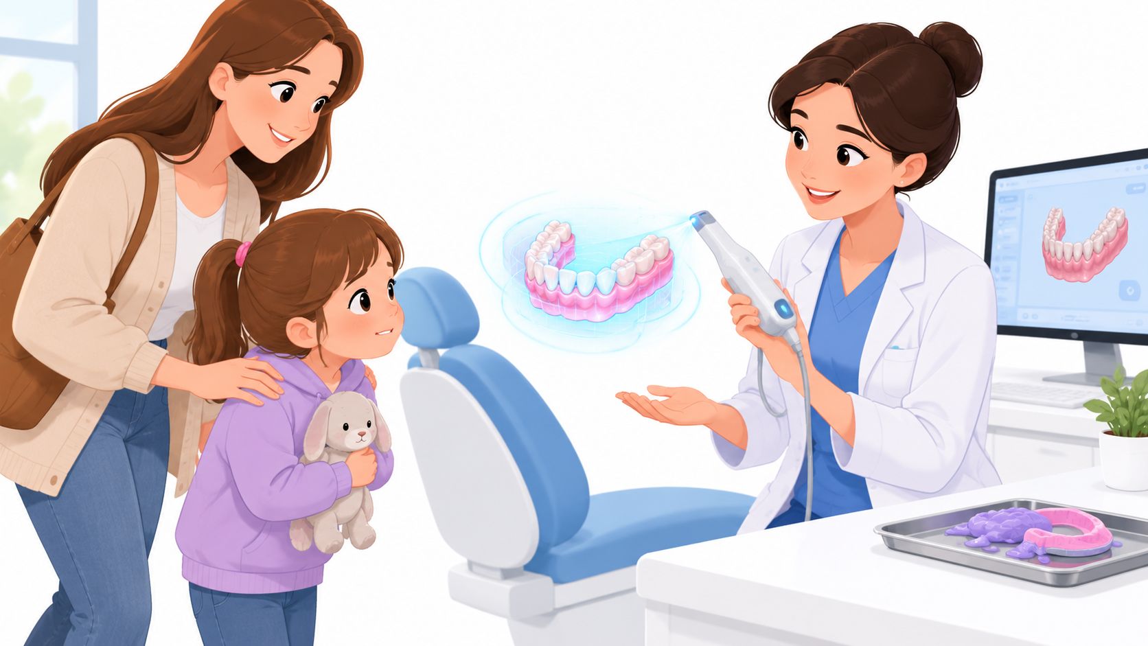 A friendly dentist shows a young girl and her mother a digital 3D tooth scan on a screen.