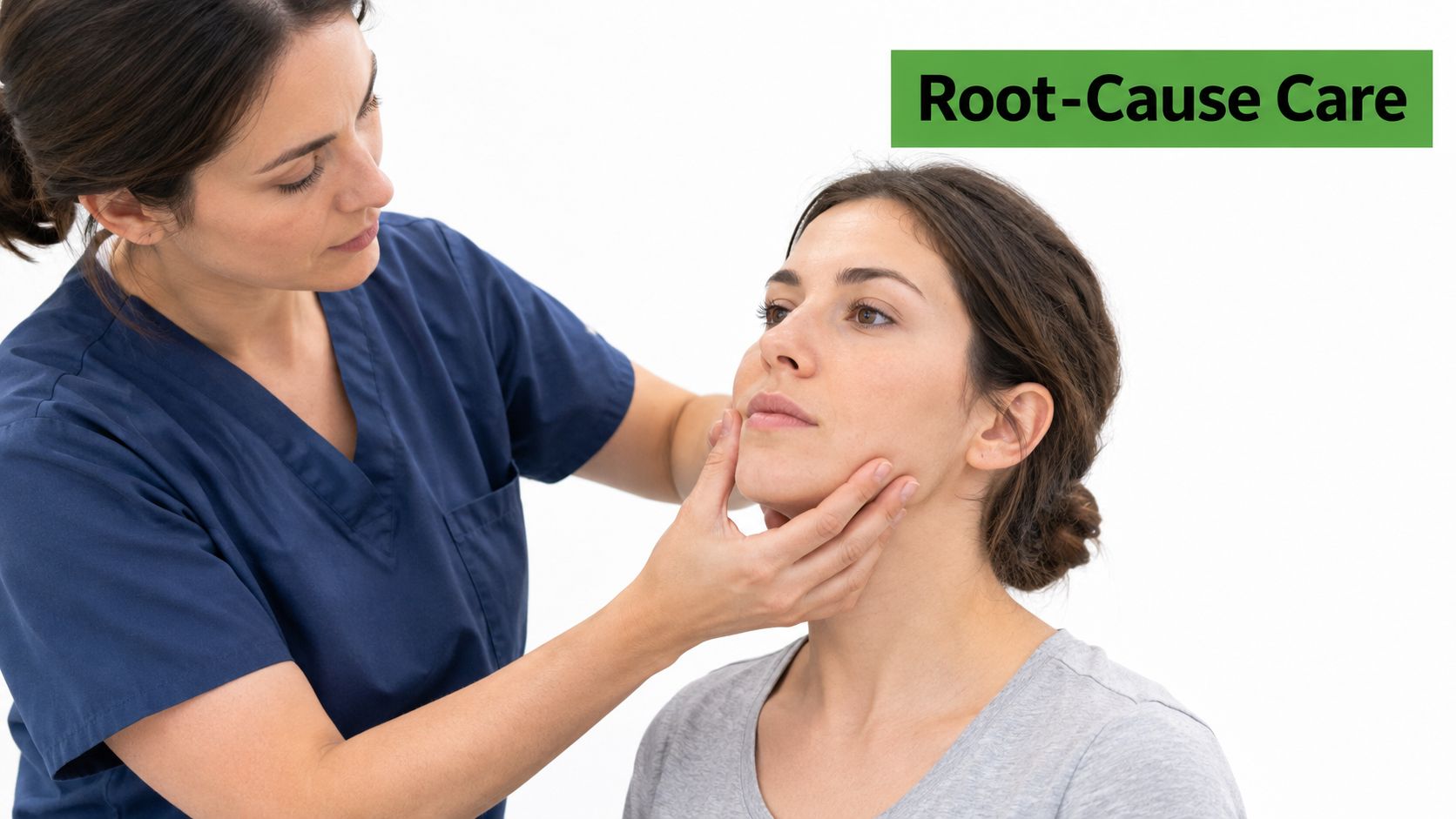A female healthcare professional examining a patient's jaw to assess symptoms of jaw pain and headache.