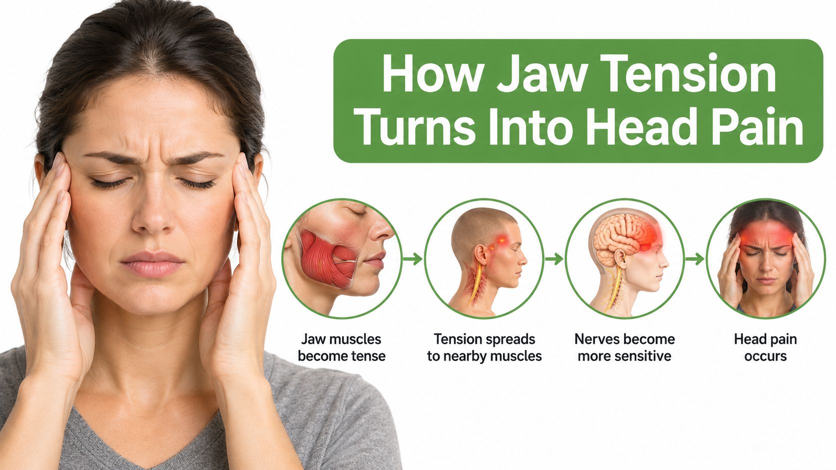 An infographic showing the progression from jaw muscle tension to nerves becoming sensitive and resulting in headaches.