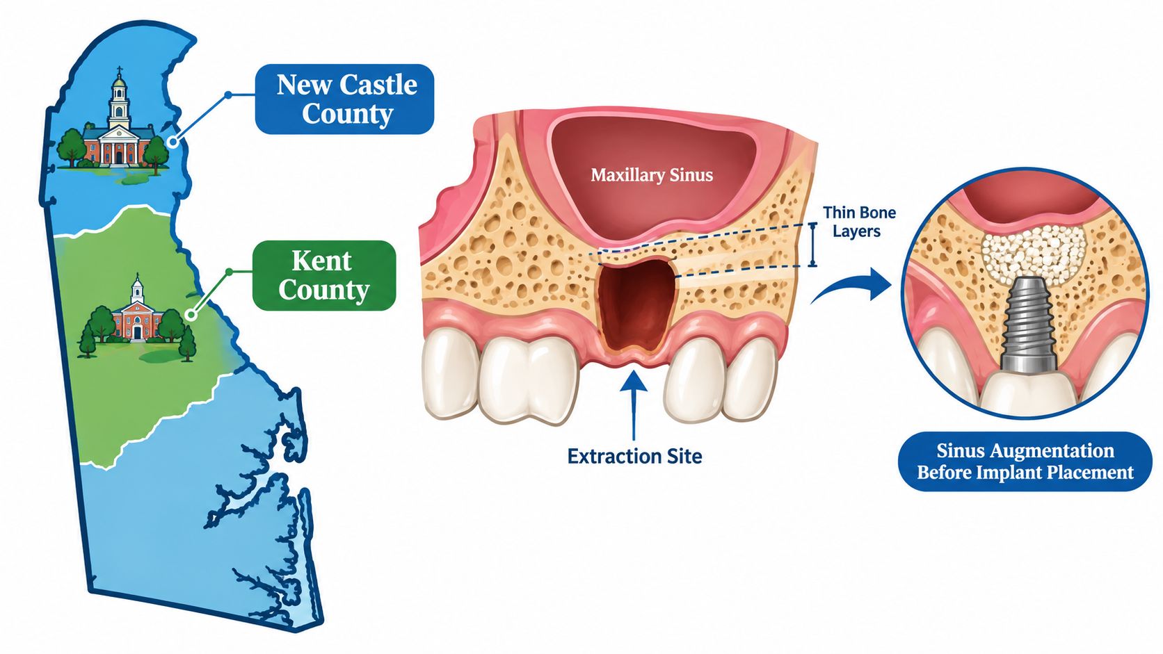 A diagram illustrating the dental sinus augmentation process including an extraction site and implant placement.