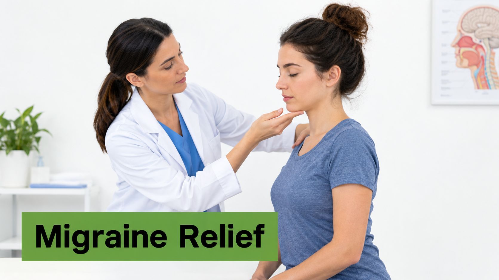 A female doctor performing a physical examination on a patient's jaw for potential migraine relief treatment.