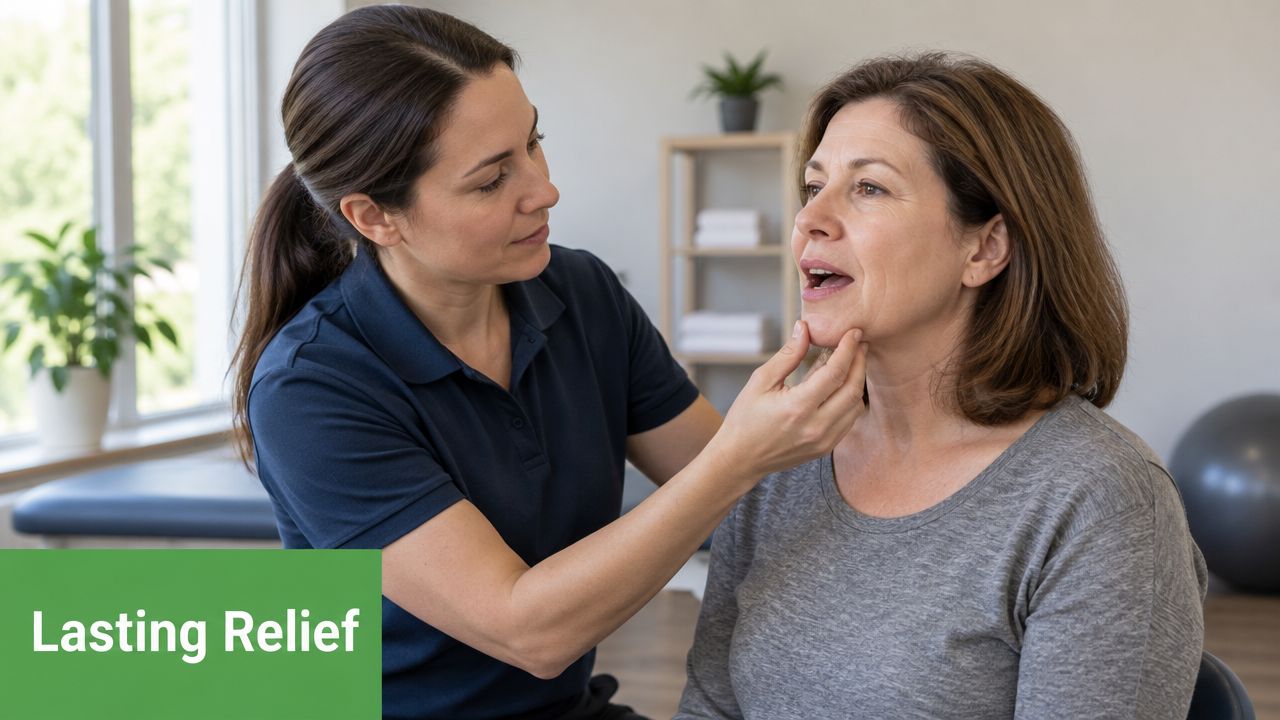 A female physical therapist examines a patient during a session focused on TMJ pain relief.