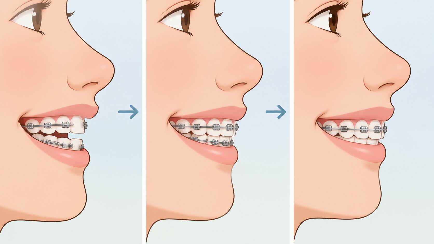 A digital illustration showing the progressive improvement of teeth alignment over three stages using metal dental braces.