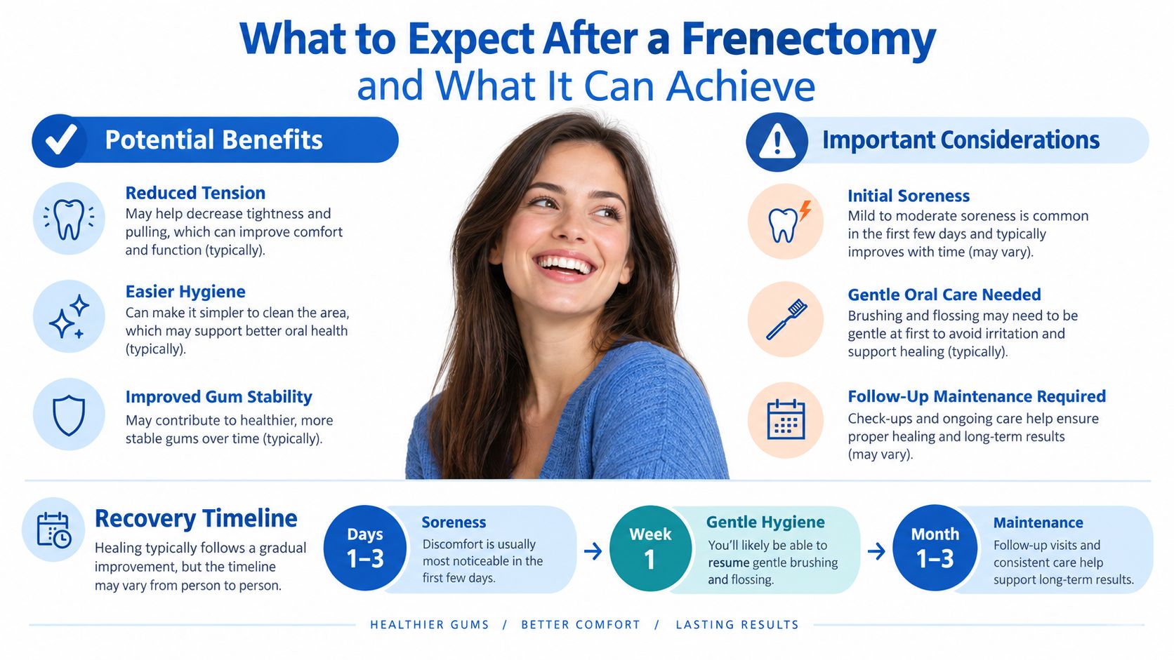 An infographic detailing the potential benefits, recovery timeline, and important considerations after a frenectomy procedure.
