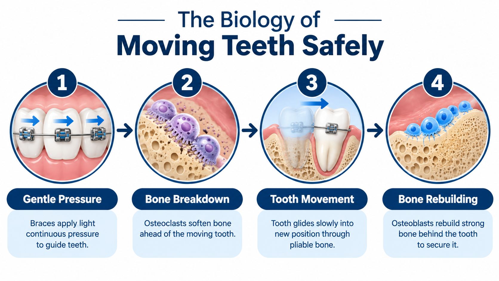 A four-step diagram illustrating the biological process of how braces move teeth through bone remodeling.