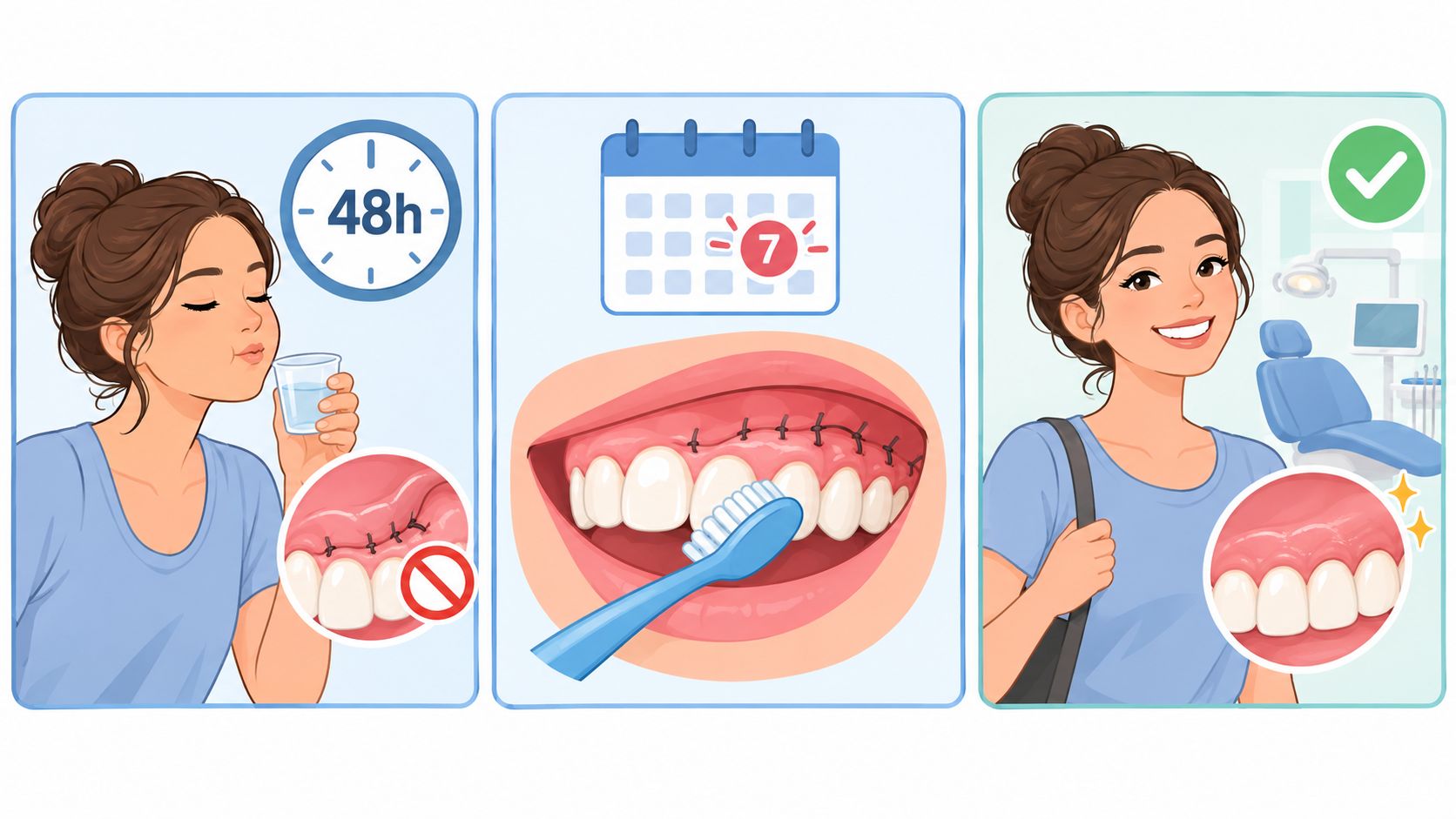 A three-step infographic illustrating post-operative care instructions for oral gum surgery stitches including rinsing and hygiene.
