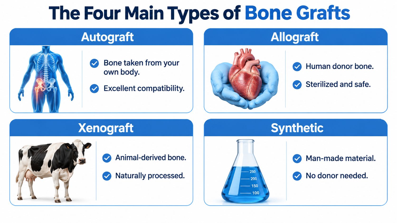 An educational infographic illustrating the four main types of bone grafts: autograft, allograft, xenograft, and synthetic.