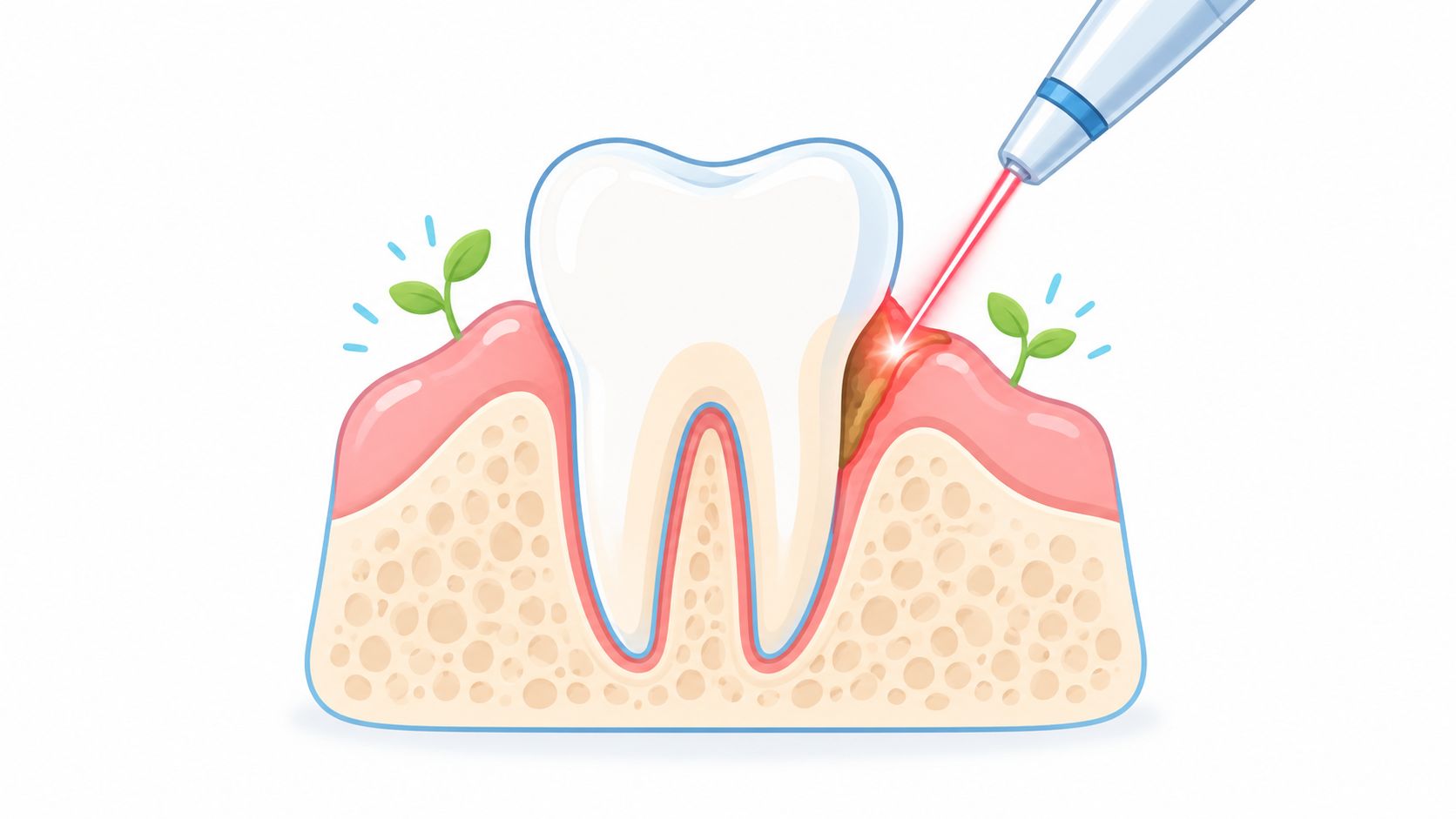 A dental illustration showing a laser being used to treat gum disease near a tooth.