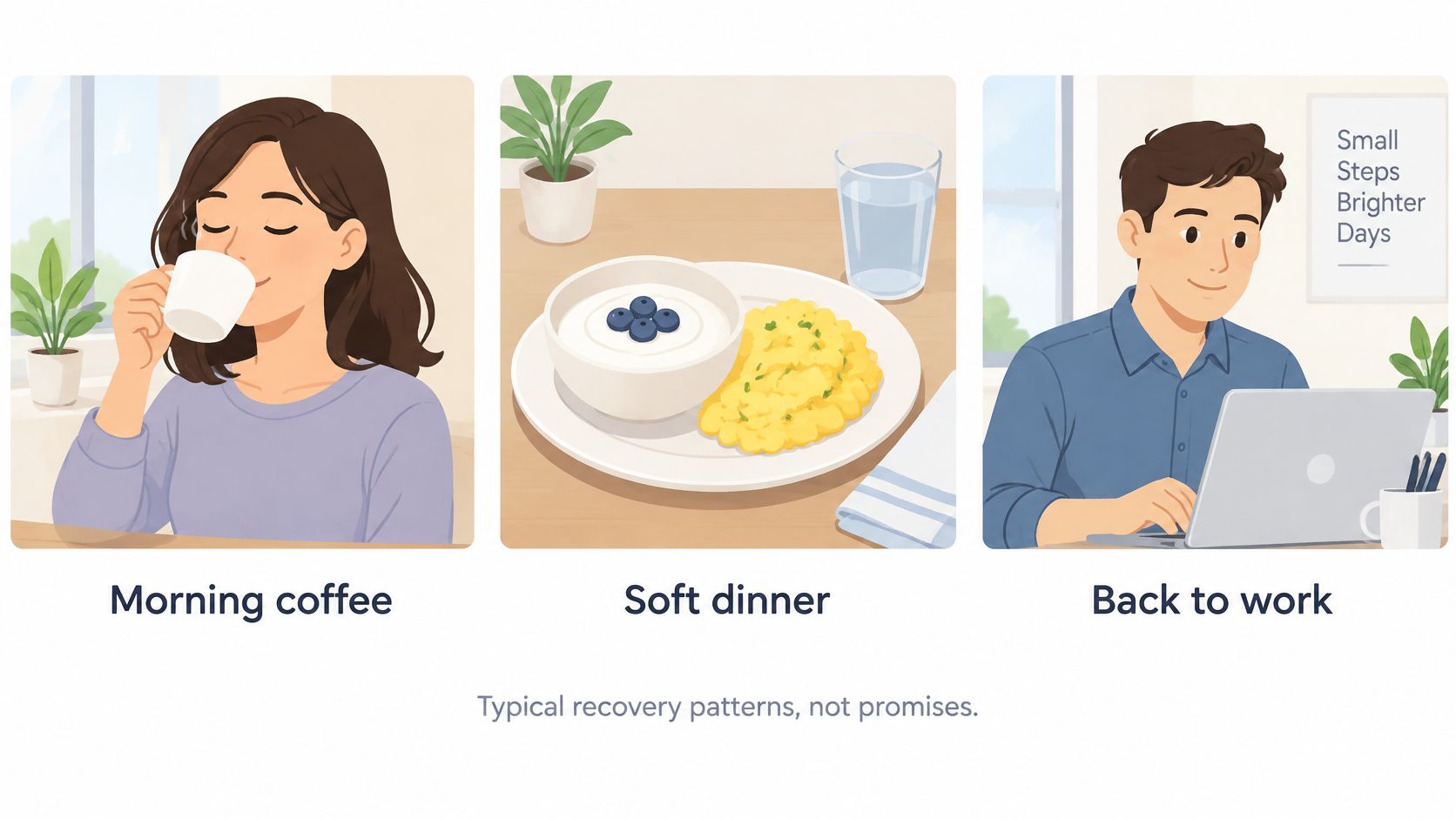 A three-part illustration showing a woman drinking coffee, a light soft meal, and a man working on a laptop.