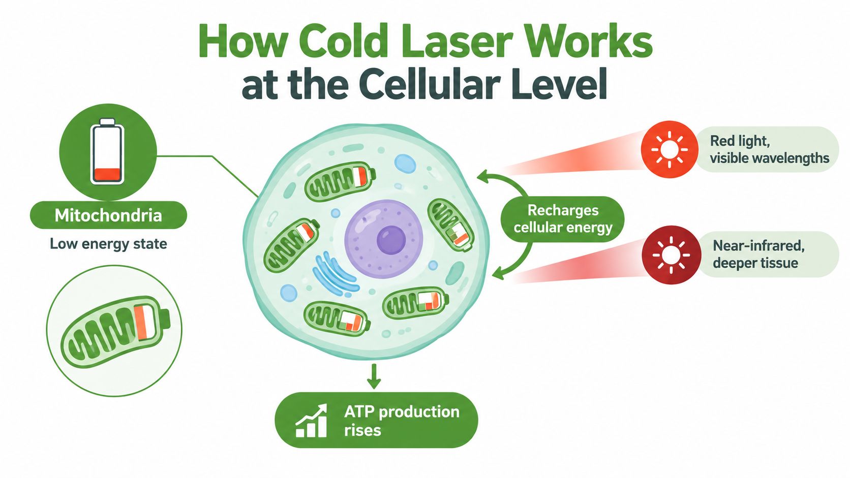 An infographic showing how cold laser therapy uses light to increase ATP production in cellular mitochondria.