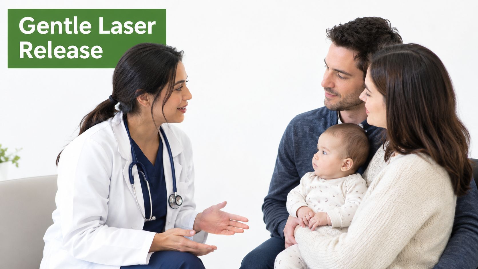 A female doctor speaking with a mother and father holding their infant during a medical consultation.