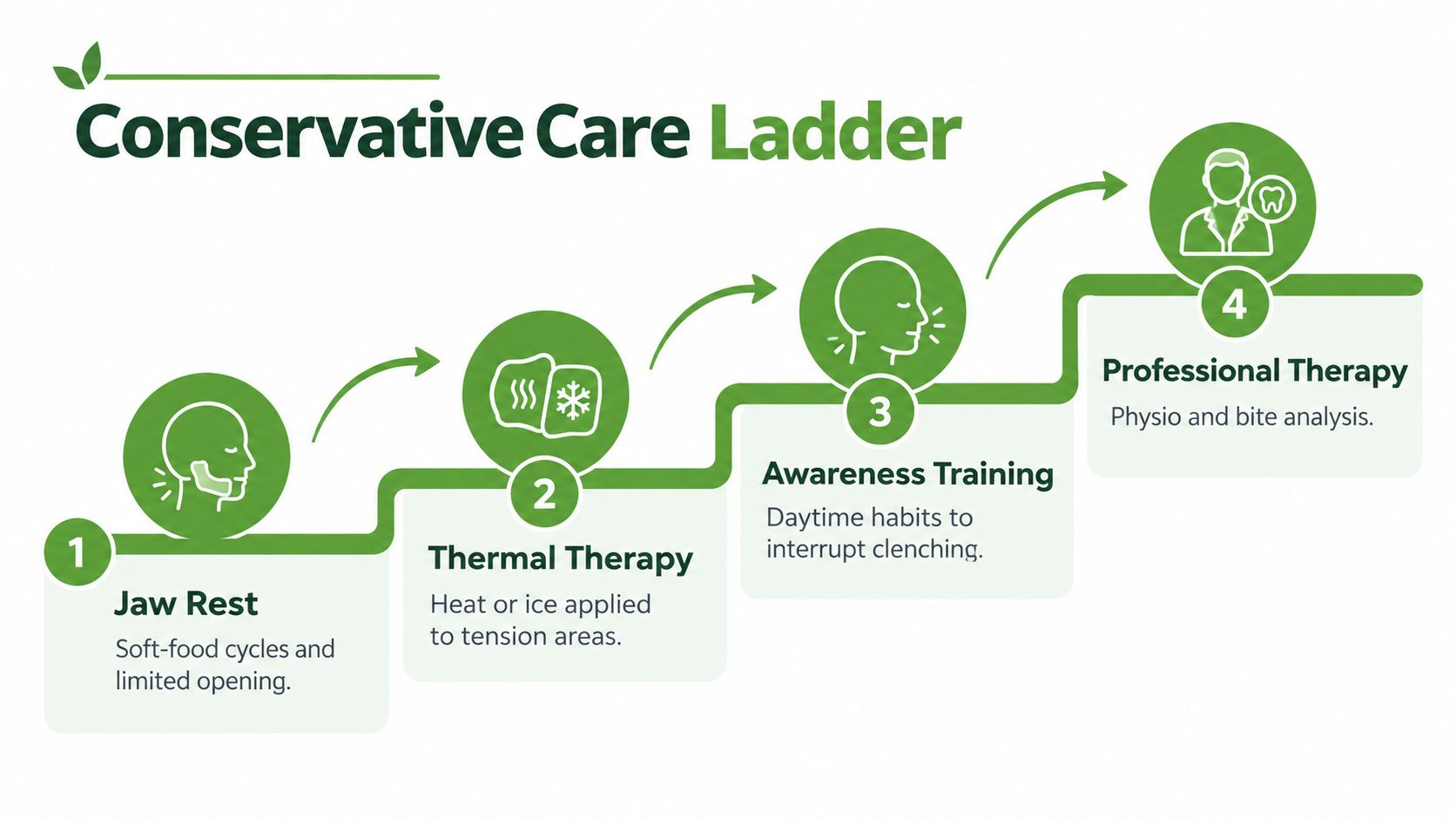 A four-step graphic illustrating the Conservative Care Ladder for managing and reducing jaw pain.