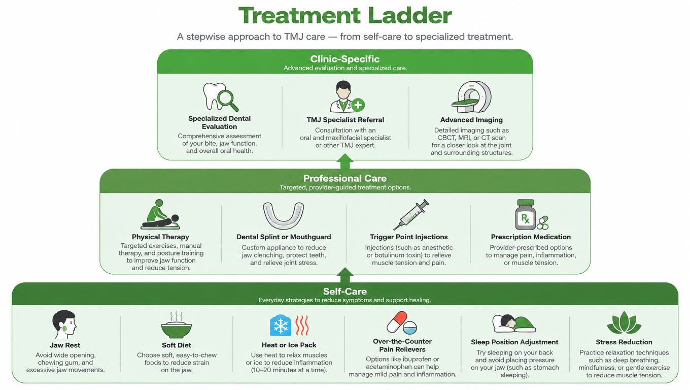 A treatment ladder diagram for TMJ care showing steps from self-care to professional and clinical interventions.
