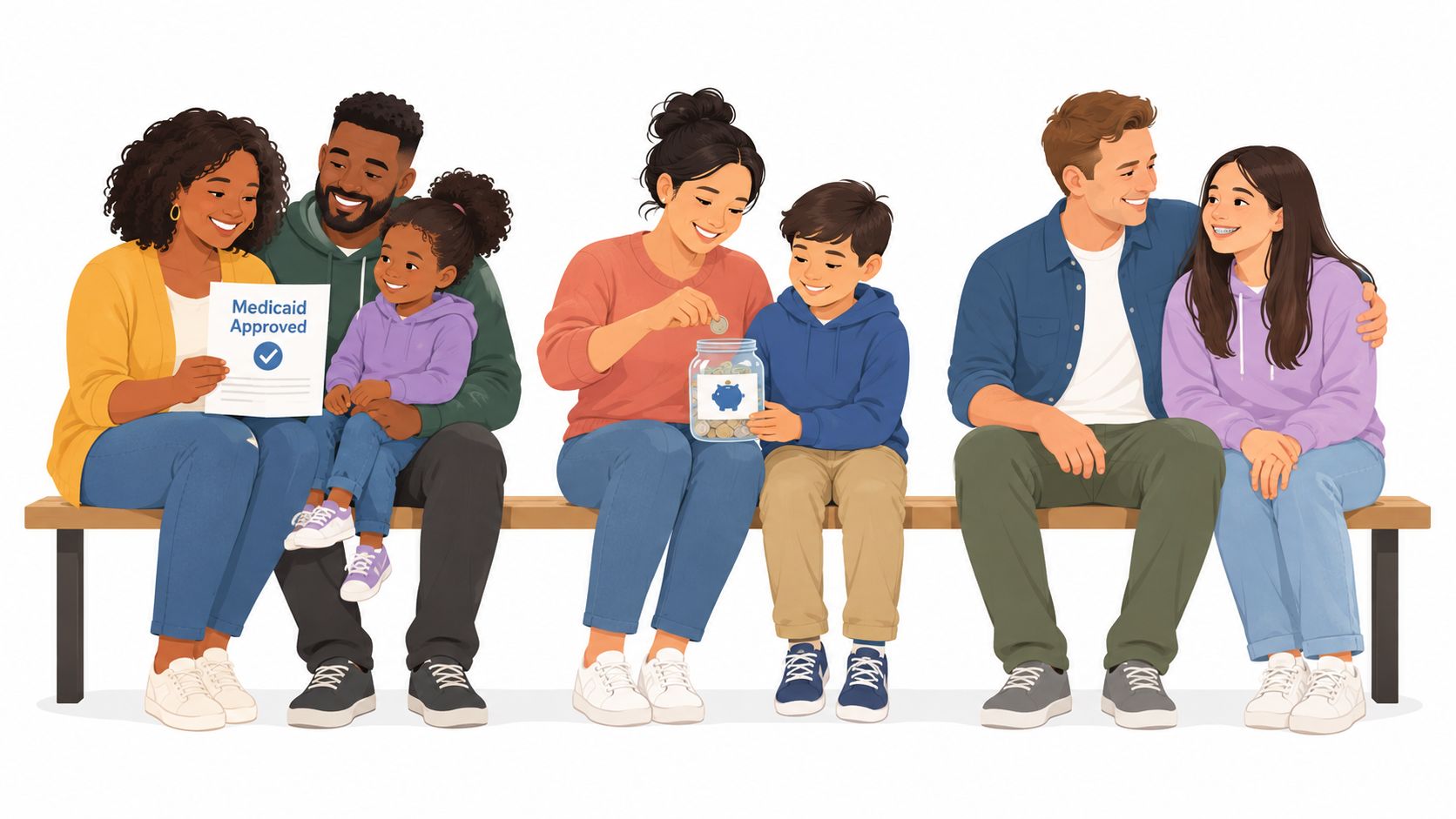 Families and a young couple sitting on a bench, representing diverse healthcare and financial planning scenarios.