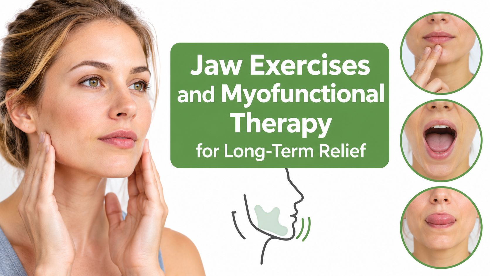 A woman demonstrating myofunctional jaw exercises for relief of pain and tension on a white background.