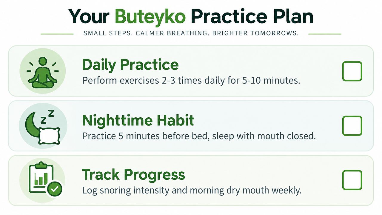 A Buteyko practice plan checklist with daily exercises, nighttime habits, and progress tracking for better breathing.