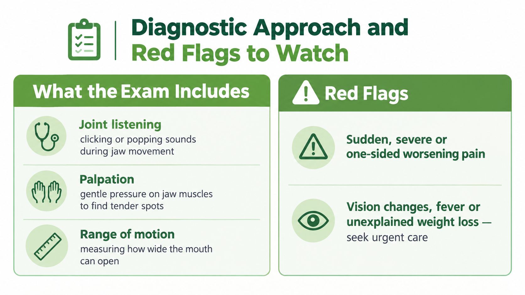 A diagnostic guide illustrating a physical exam for jaw pain and key red flag symptoms for patients.