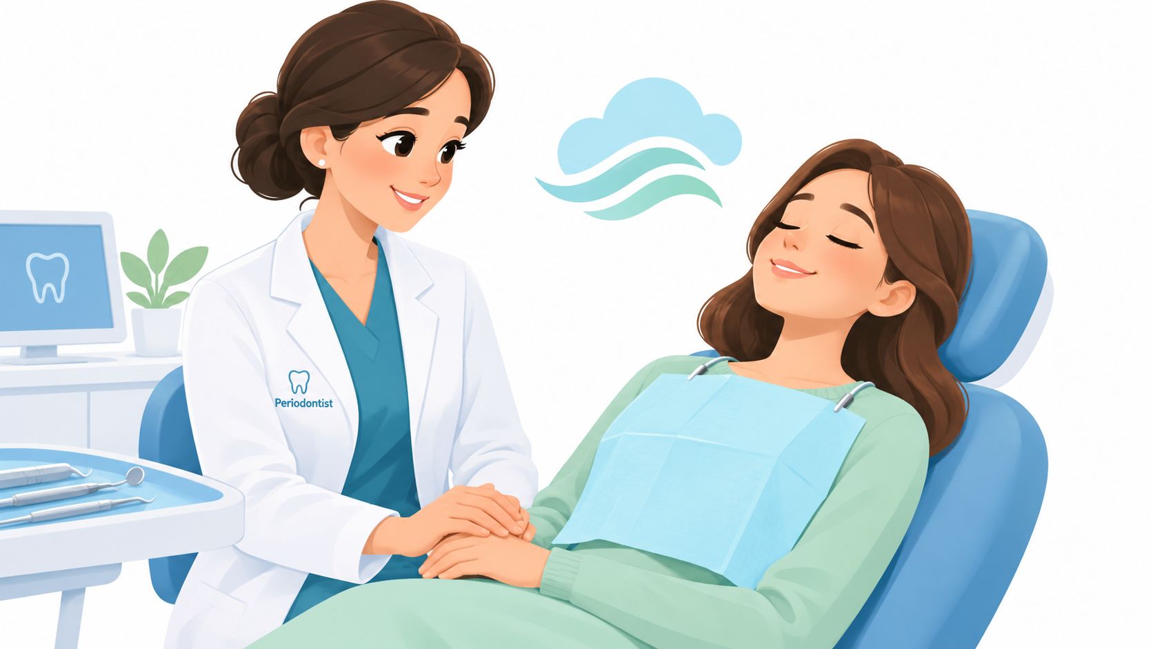 A friendly female periodontist gently holding the hand of a relaxed patient sitting in a dental chair.
