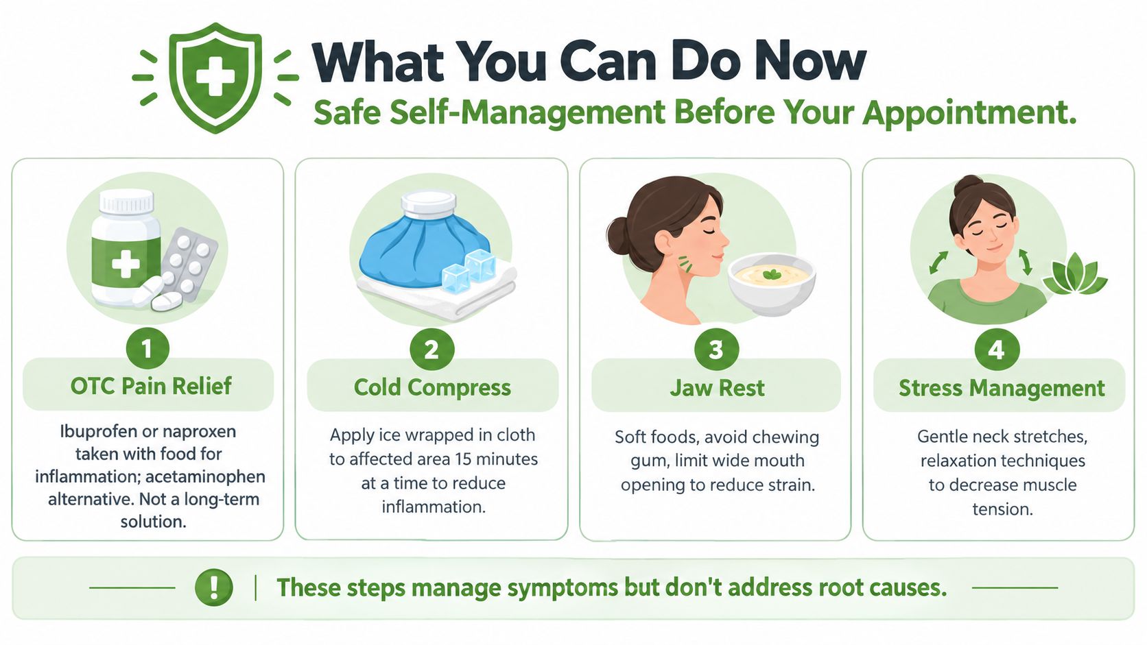 An infographic detailing four self-management tips for headache and upper jaw pain before a medical appointment.