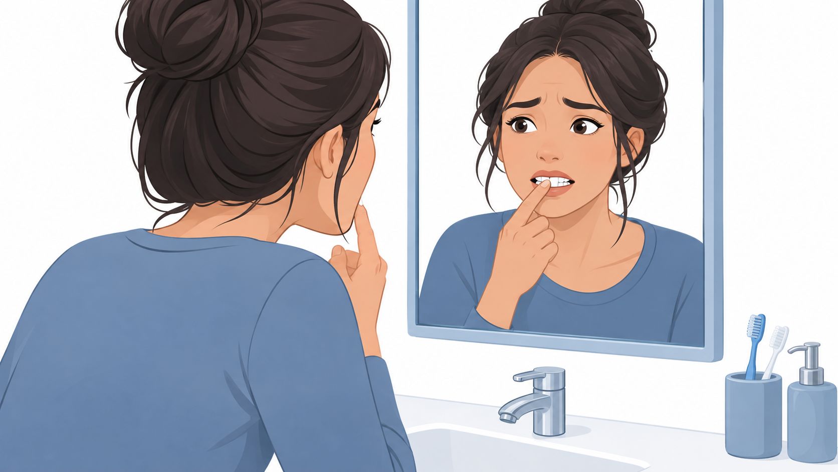 A woman looks in a bathroom mirror with concern while checking the mobility of her front teeth.
