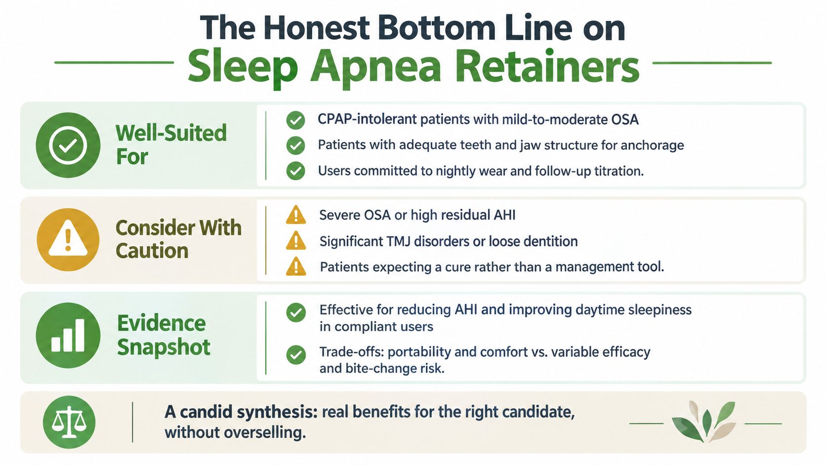 An infographic titled The Honest Bottom Line on Sleep Apnea Retainers, summarizing candidacy and clinical efficacy.