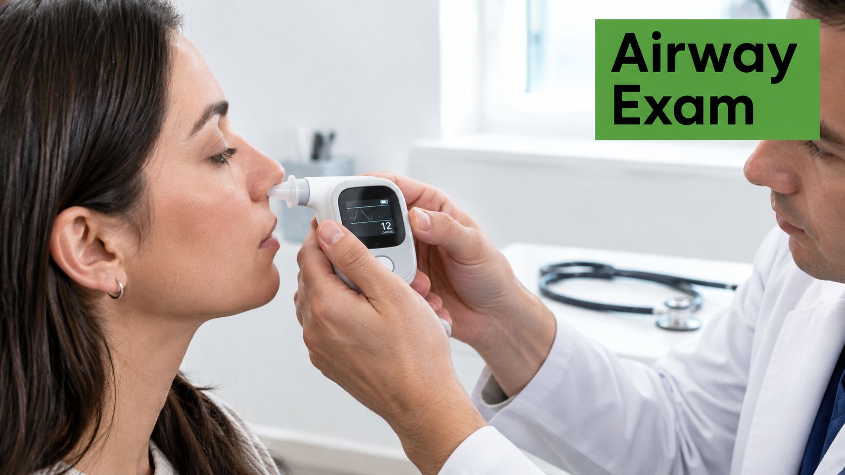 A doctor uses a diagnostic device to examine a female patient's nose during an airway medical checkup.