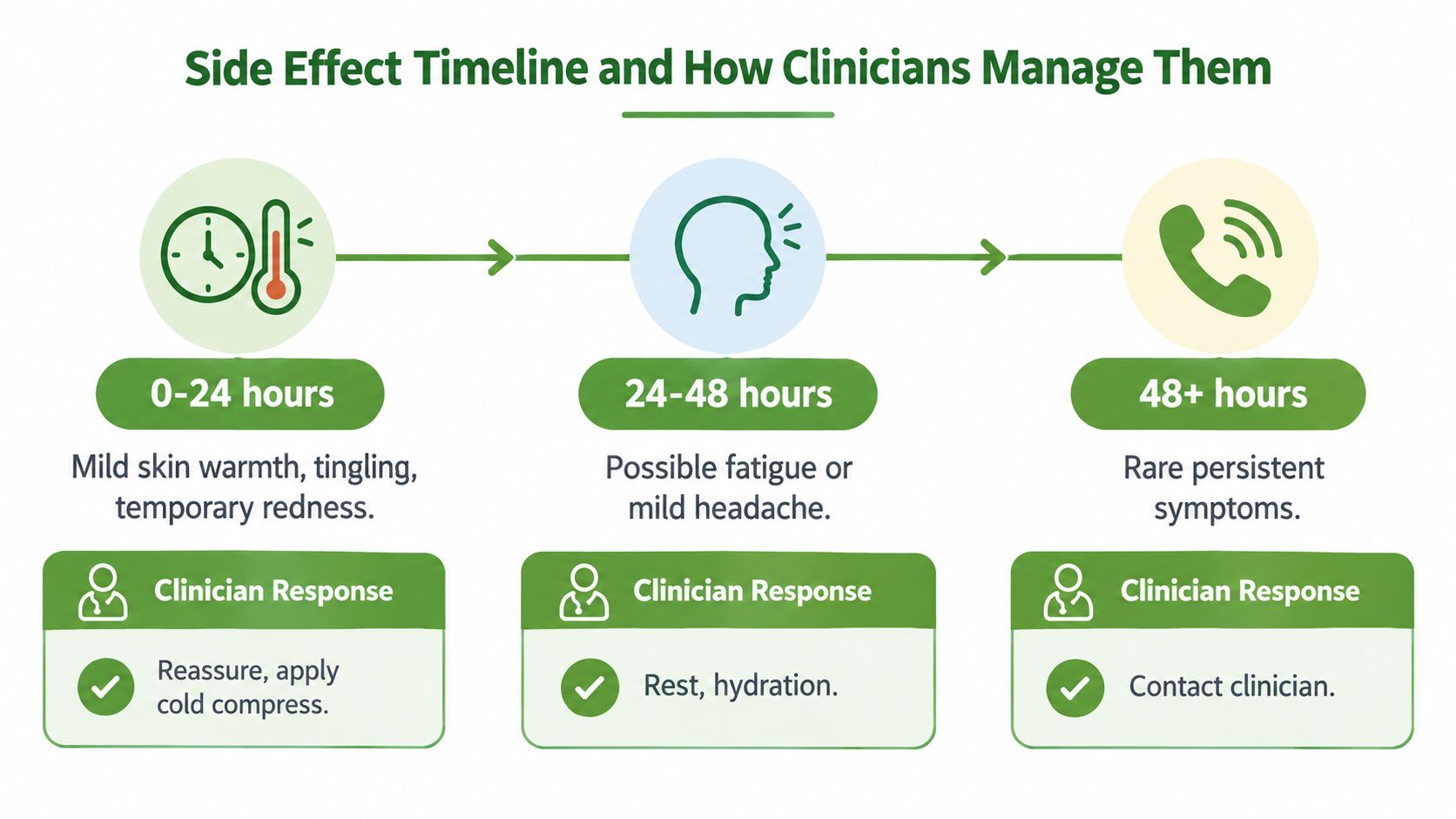A timeline graphic showing potential side effects and clinician management steps following cold laser therapy treatment.