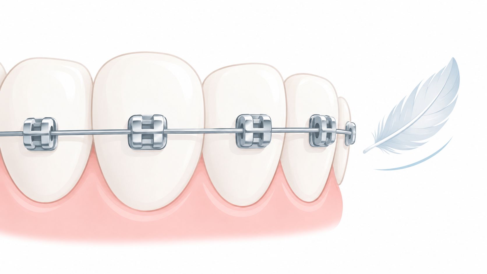 A close-up illustration of straight white teeth with metal braces and a soft white feather icon.