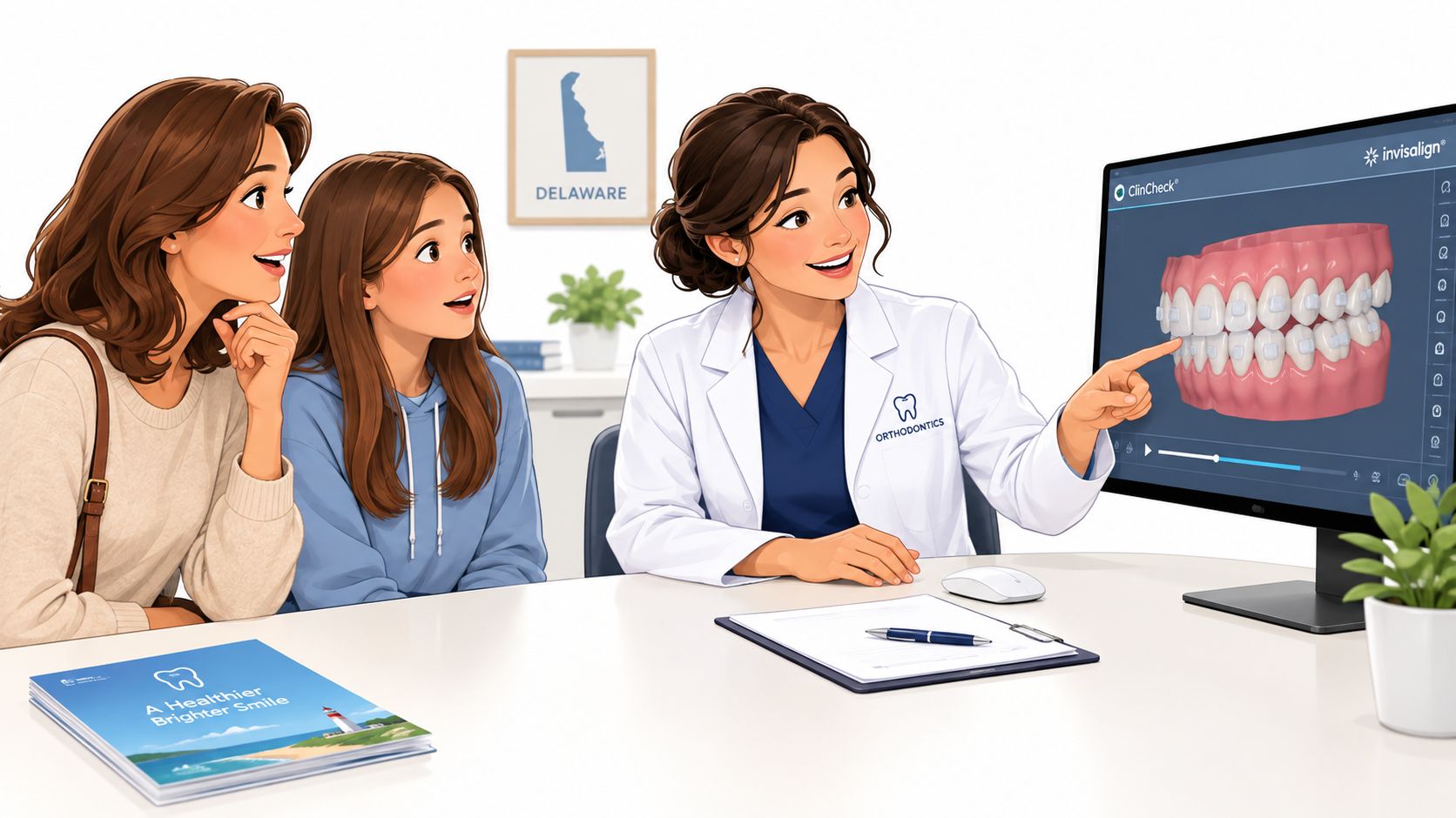 An orthodontist showing a young patient and her mother an Invisalign ClinCheck 3D teeth alignment simulation.