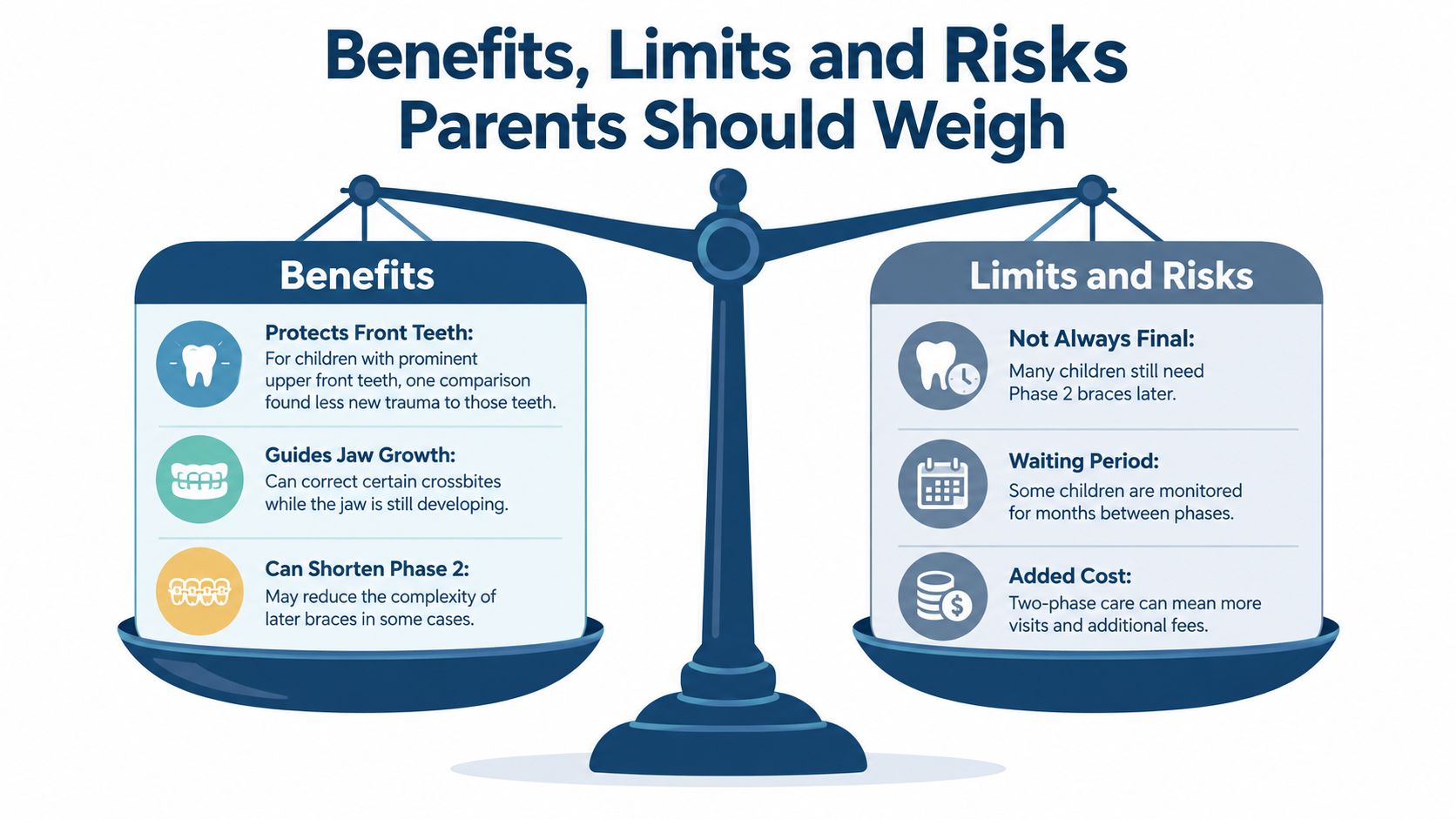 An infographic showing the benefits, limits, and risks of two-phase orthodontic treatment for children using a balance scale.