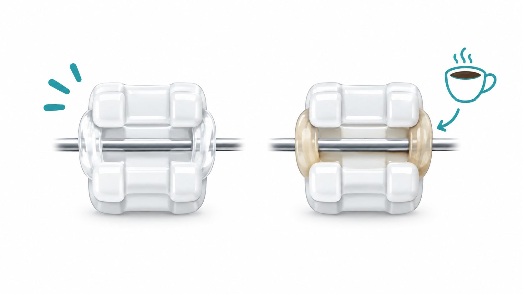 A comparison of clean clear ceramic orthodontic bracket rubber bands versus discolored stained ones from coffee consumption.