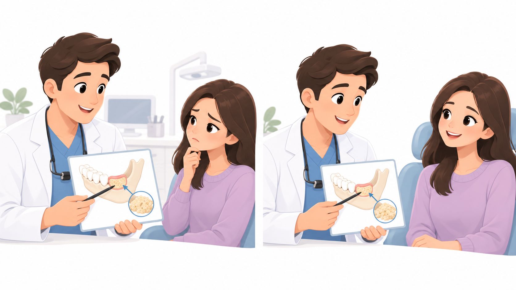 A dentist explains a periodontal bone graft procedure to a patient using a visual anatomical model.