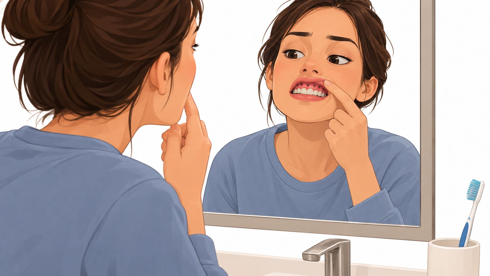 A woman looks in the mirror to examine stitches on her upper gums after oral surgery.